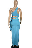 Sky Blue Euramerican Women Condole Blet Dew Waist Backless Bandage Pure Color Long Dress CY1324-1