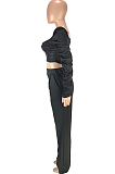 Black Fashion Cotton Blend Low-Cut Long Sleeve Ruffle Dew Waist Blouse High Waist Shift Pants Two-Piece SM9199-3
