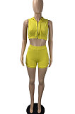 Orange Pink Women Trendy Sport Solid Color Slim Fitting Hoodie Sleeveless Zipper Shorts Sets ML7456-2