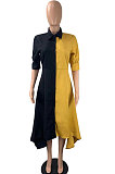 Yellow Fashion Casual Contrast Color Long Sleeve Turn-Down Collar Irregular Mid Dress T Shirt/Shirt Dress ML7455-1