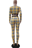 Yellow New Women Plaid Printing Long Sleeve U Neck Crop Top High Waist Bodycon Pants Two-Piece TRS1170-4