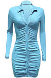 Sky Blue Ribber Single-Breasted Long Sleeve Turn-Down Collar Solid Color Hip Sexy Mini Dress Q931-1