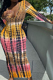 Multicolor Blue Women Tie Dye Ribber Positioning Printing Bodycon Long Sleeve Sexy Long Dress Q922-3