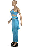 Blue Euramerican Women Condole Blet Dew Waist Backless Bandage Pure Color Long Dress CY1324-4