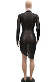Black Net Cloth Pure Color Long Sleeve Round Neck Split Mini Dress YF9172