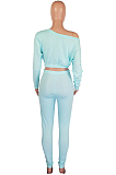 Cyan Fashion Long Sleeve Oblique Shoulder Dew Belly High Waist Bodycon Pants Solid Colur Sport Sets HXY8027-5