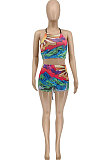 Multicolor Women Trendy Printing Condole Belt Tied Backless Shorts Sets WME2062