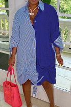 Blue Casual Women Stripe Spliced Long Sleeve Lapel Neck Single-Breasted Loose Shirt Dress WY6839-2
