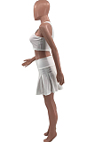 White New Causal Sleeveless Round Neck Crop Tank Pleated Skirts Solid Colur Two-Piece HMR6038-1