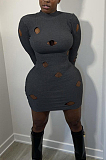 Black Cotton Blend Sexy Hollow Out Long Sleeve O Collar Bodycon Solid Color Hip Mini Dress WY6834-2