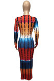 Khaki Pink Women Tie Dye Ribber Positioning Printing Bodycon Long Sleeve Sexy Long Dress Q922-4