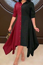 Wine Red Fashion Casual Contrast Color Long Sleeve Turn-Down Collar Irregular Mid Dress T Shirt/Shirt Dress ML7455-2