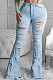 Light Blue Euramerican Women Hole Tassel Mid Waist Tight Flare Leg Pants LD8689