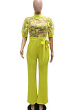 Yellow Mid Waist Long Pants Embroidered Cloth Waistband Wide Leg Jumpsuits YF9064