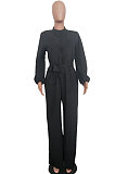 Blue Euramerican Women Sexy Pure Color Long Sleeve Tied Casual jumpsuits LD8602-4