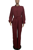 Wine Red Euramerican Women Sexy Pure Color Long Sleeve Tied Casual jumpsuits LD8602-5