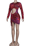 Red Euramerican Women Sexy Long Sleeve Round Neck Crop Mini Dress KA7186-1