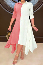 Pink Fashion Casual Contrast Color Long Sleeve Turn-Down Collar Irregular Mid Dress T Shirt/Shirt Dress ML7455-3