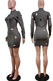 Pink Cotton Blend Sexy Hollow Out Long Sleeve O Collar Bodycon Solid Color Hip Mini Dress WY6834-3