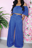 Light Blue Causal Short Sleeve A Word Shoulder Strapless High Waist Wide Leg Pnats Jean Sets HXY8024-2