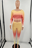 Pink Red Green Cotton Blend Gradient Long Sleeve Obique Shoulder Dew Belly High Waist Tight Pants Sport Sets HXY8032-5