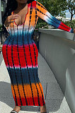 Khaki Pink Women Tie Dye Ribber Positioning Printing Bodycon Long Sleeve Sexy Long Dress Q922-4