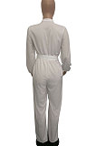 White Euramerican Women Sexy Pure Color Long Sleeve Tied Casual jumpsuits LD8602-1