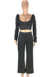 Black Fashion Cotton Blend Low-Cut Long Sleeve Ruffle Dew Waist Blouse High Waist Shift Pants Two-Piece SM9199-3