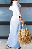 Blue Women Gradient Cardigan Long Sleeve Mid Waist Irregular Long Dress T Shirt/Shirt Dress LD81037-1