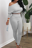 Black Fashion Long Sleeve Oblique Shoulder Dew Belly High Waist Bodycon Pants Solid Colur Sport Sets HXY8027-3