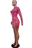 Pink Cotton Blend Sexy Hollow Out Long Sleeve O Collar Bodycon Solid Color Hip Mini Dress WY6834-3