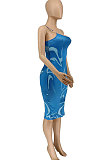 Peacock Blue Fashion Printing One Shoulder Backless Midi Dress WME2067