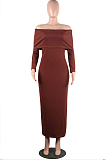 Brown Sexy Knitting Long Sleeve A Word Shoulder Slim Fitting Solid Color Bodycon Dress SY8823