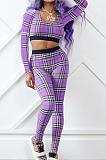 Purple New Women Plaid Printing Long Sleeve U Neck Crop Top High Waist Bodycon Pants Two-Piece TRS1170-2