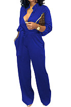 Blue Euramerican Women Sexy Pure Color Long Sleeve Tied Casual jumpsuits LD8602-4
