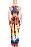 Blue Orang Wave Women Sexy Tank U Neck Tie Dye Printing Skirts Sets Q923-2