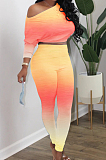 Yellow Green Cotton Blend Gradient Long Sleeve Obique Shoulder Dew Belly High Waist Tight Pants Sport Sets HXY8032-2