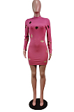 Gray Cotton Blend Sexy Hollow Out Long Sleeve O Collar Bodycon Solid Color Hip Mini Dress WY6834-1