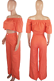 Orange Causal Short Sleeve A Word Shoulder Strapless High Waist Wide Leg Pnats Jean Sets HXY8024-1