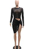 Black Net Cloth Pure Color Long Sleeve Round Neck Split Mini Dress YF9172