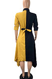 Yellow Fashion Casual Contrast Color Long Sleeve Turn-Down Collar Irregular Mid Dress T Shirt/Shirt Dress ML7455-1