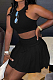 Black New Causal Sleeveless Round Neck Crop Tank Pleated Skirts Solid Colur Two-Piece HMR6038-2