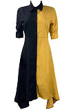 Wine Red Fashion Casual Contrast Color Long Sleeve Turn-Down Collar Irregular Mid Dress T Shirt/Shirt Dress ML7455-2
