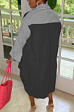 Black Casual Women Stripe Spliced Long Sleeve Lapel Neck Single-Breasted Loose Shirt Dress WY6839-3