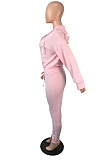 Pink Cotton Blend Long Sleeve Hoodie Zipper Carrot Pants Solid Colur Sports Two-Piece QY5080
