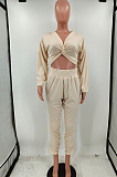 Beige Casual Women Long Sleeve Deep V Collar Crop Top High Waist Carrot Pants Solid Color Two-Piece HXY68016-2