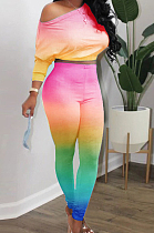 Pink Red Green Cotton Blend Gradient Long Sleeve Obique Shoulder Dew Belly High Waist Tight Pants Sport Sets HXY8032-5
