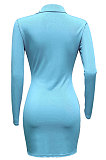 Sky Blue Ribber Single-Breasted Long Sleeve Turn-Down Collar Solid Color Hip Sexy Mini Dress Q931-1