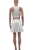 White New Causal Sleeveless Round Neck Crop Tank Pleated Skirts Solid Colur Two-Piece HMR6038-1