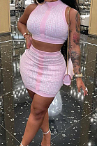 Pink Sexy Cotton Blend Sleeveless O Collar Crop Top Mini Skirt Two-Piece HMR6036 